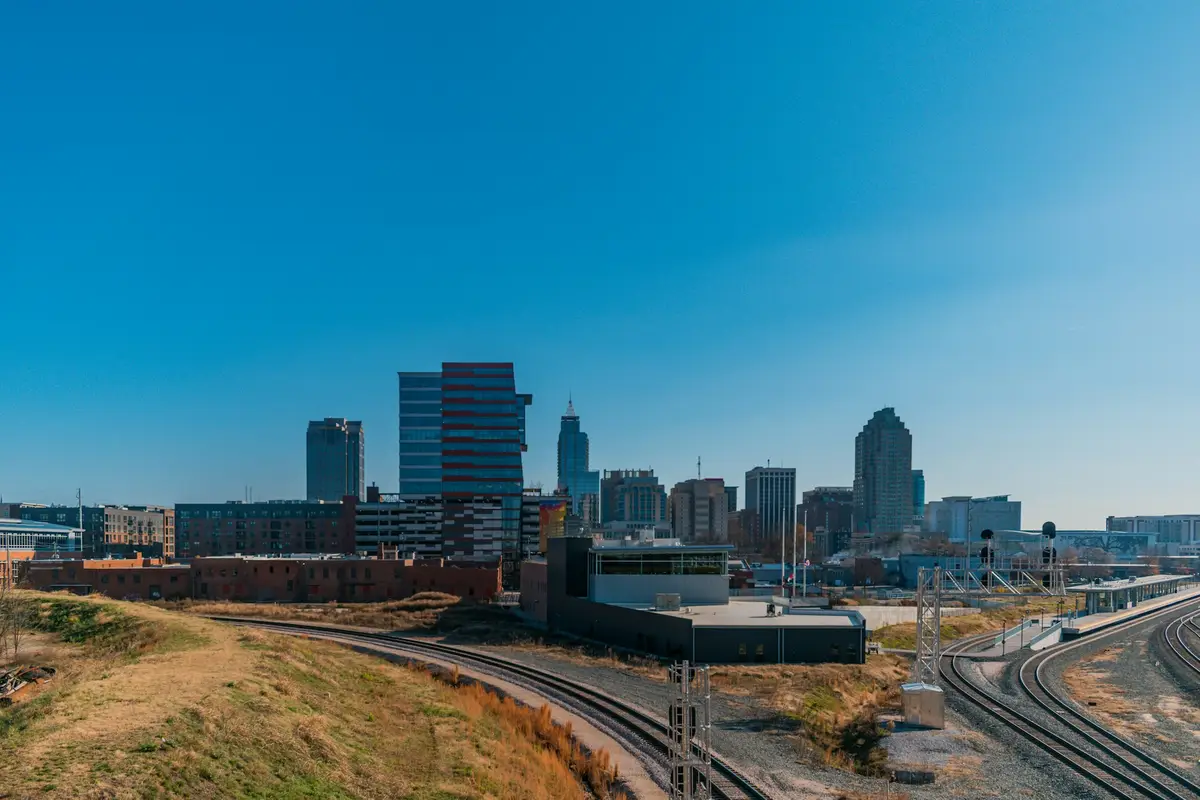 Downtown Raleigh towers seen across the rail lines west of downtown